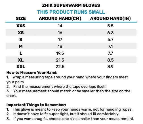 2025 Zhik Superwarm Gloves 0 Size Chart
